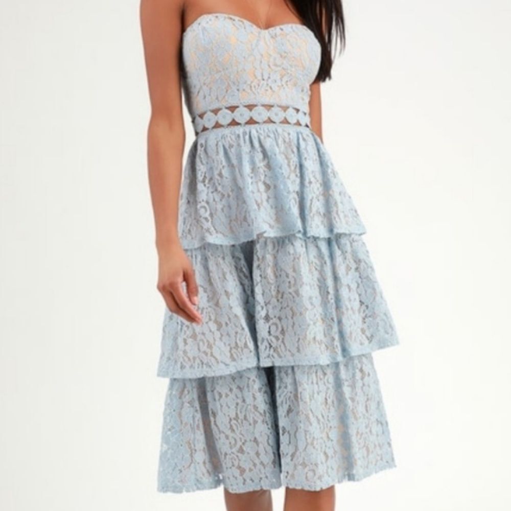 Lulu’s Adorn Light Blue Lace Strapless Midi Dress